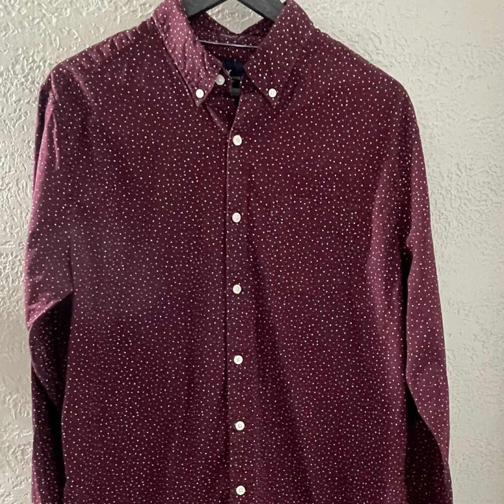 AEO MEN'S BURGUNDY/WHITE BUTTON DOWN LONG‎ SLEEVE  100% COTTON SIZE LARGE